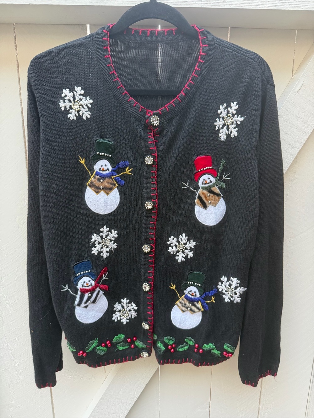 Vintage  Holiday Snowman Embroidered Cardigan Sweater women’s Large